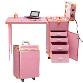 Portable Nail Table, Rolling Manicure Table W/3 Color Light And Speaker, Portable Nail Tech Desk, Foldable Nail Travel Case For Nail Tech W/Wheel, Col